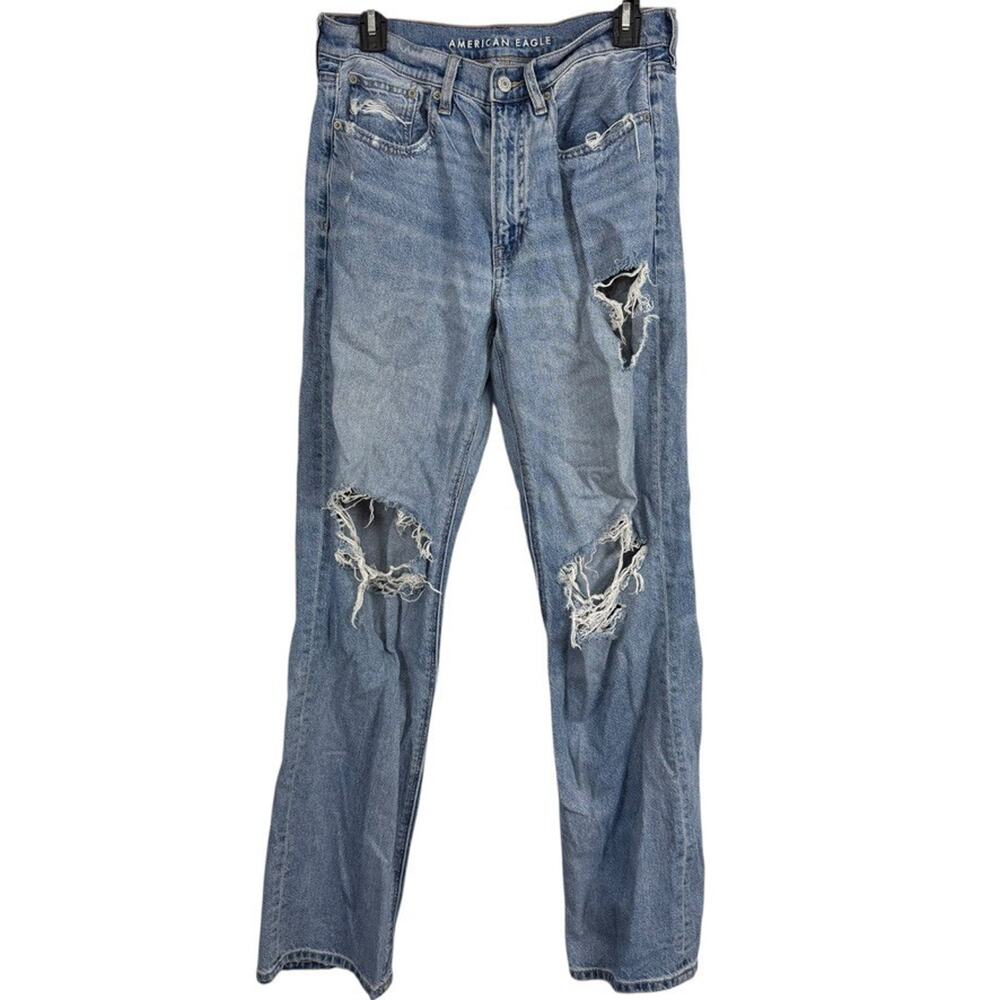 American Eagle Low Rise Baggy Straight Distressed Holes Blue Jeans Womens sz 6